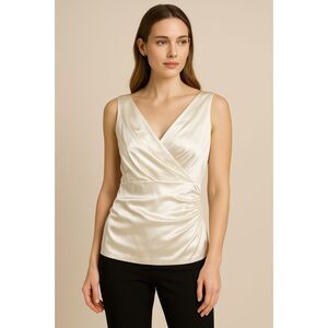 Lafayette 148 New York Ivory Silk Draped V-Neck Sleeveless Top Size 16